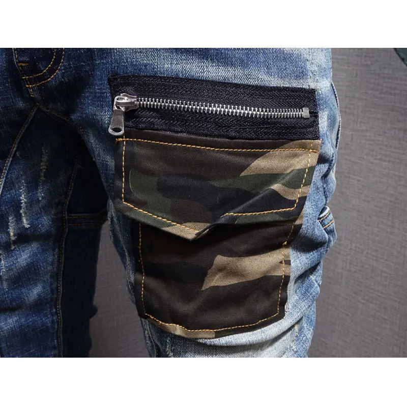 European American Street Fashion Men Jeans Retro Blue Camouflage Pocket Designer Slim Ripped Jeans Men Hip Hop Denim Punk Pants