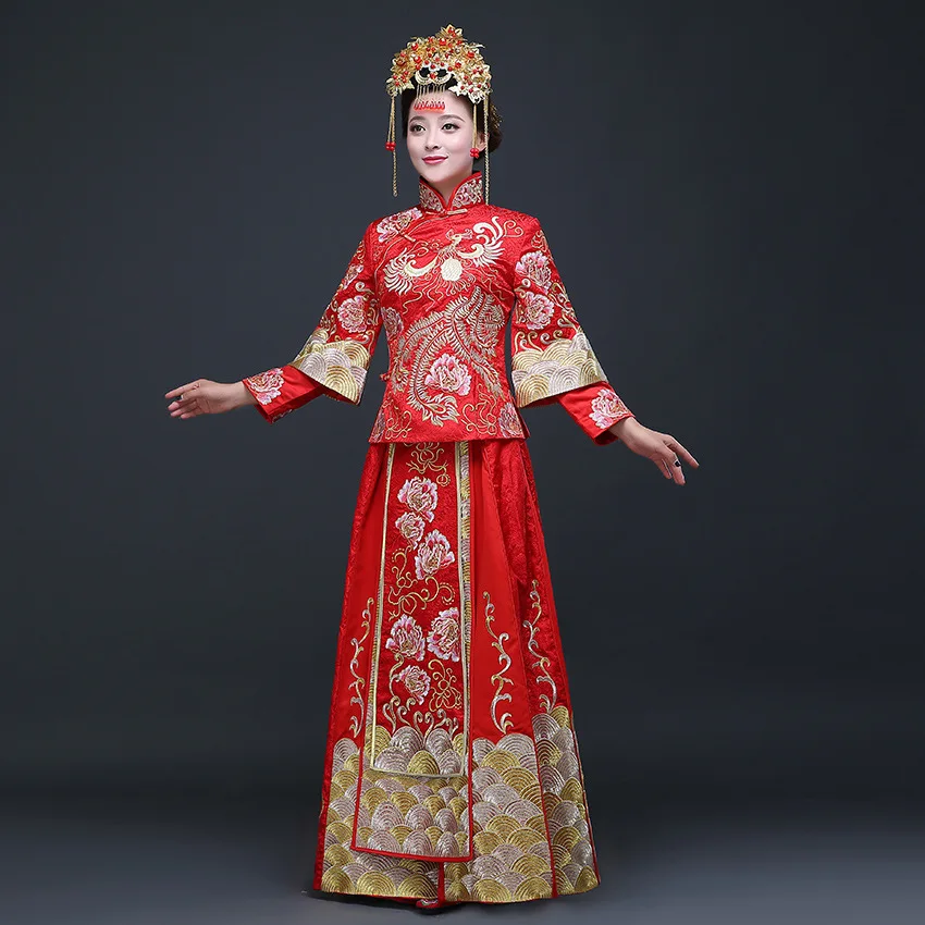 

Chinese Traditional Bride Refined Formal Wedding Dress Women Costume Long Cheongsam Embroidery Mandarin Collar китайская одежда