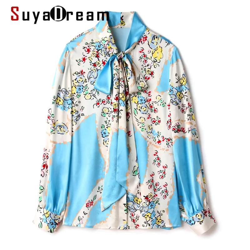 

SuyaDream Women Silk Shirt 95%Silk Satin Long Sleeves Bow Collar Printed Blouse Shirt 2021 Spring Autumn Office Chic Shirt Blue