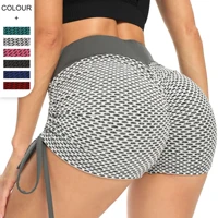 lady solid color jacquard bubble stitching breathable tights three point shorts sexy high waist quick drying drawstring leggings
