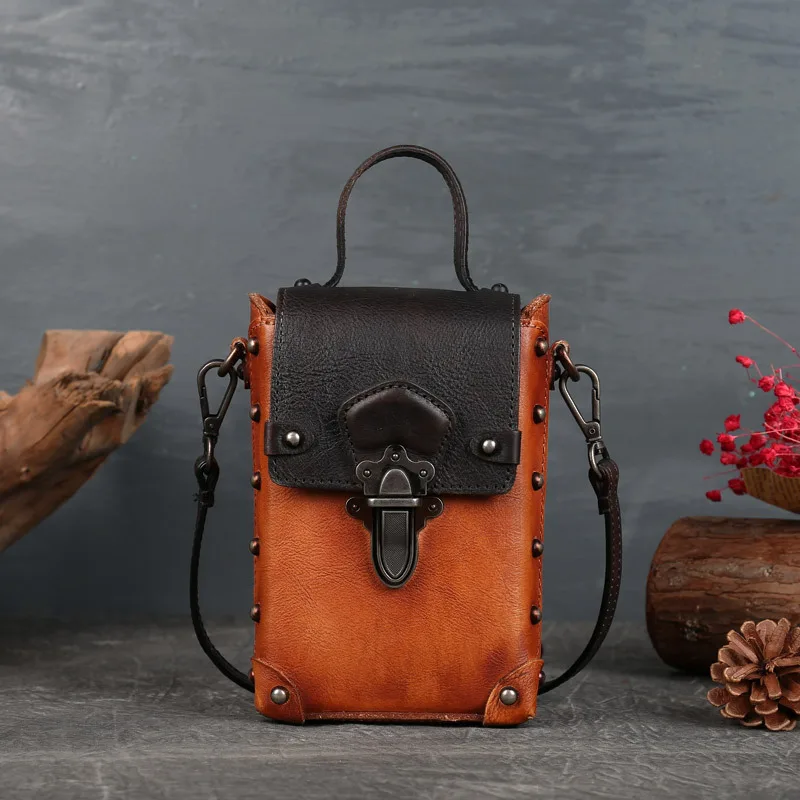 

New Vintage Mobile Phone Bag Box Type Lock Small Bag Vegetable Tanned Leather Slant Women's Bag New Color Panelled Shoulder Bag