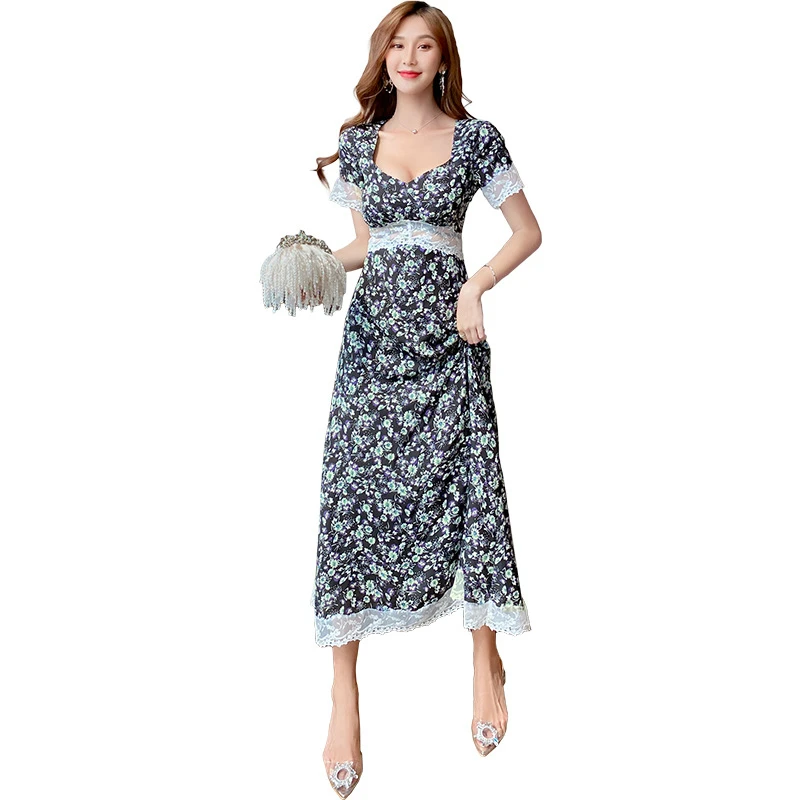 

Brand Designer Print Sunflower Elegant Women Dresses Summer 2020 Lace Patchwork Corset Midi Casual Dress Woman Flower Dresses