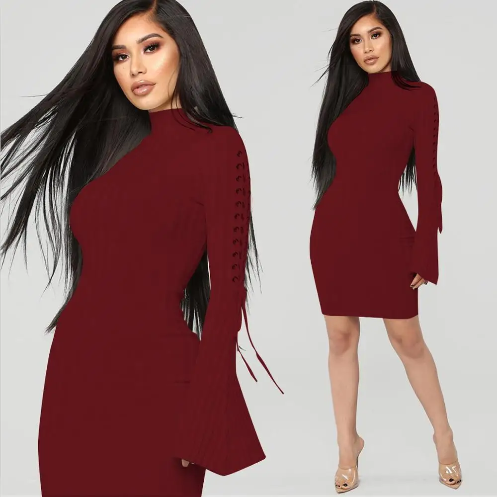 AHVIT осенне-зимнее Бандажное сексуальное платье с длинным рукавом водолазка