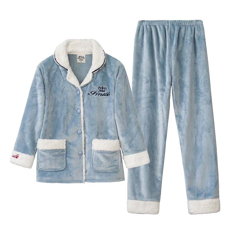 

Casual Flannel Shirt&Pants Plaid 2PCS Pajamas Suit Female Sleepwear Loose Pyjamas Home Wear Coral Fleece Winter New Nightwear