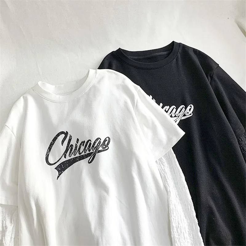 

Chicago Letters street Harajuku casual top Ulzzang retro loose summer women's T-shirt Patchwork Sleeve Pullover O-neck T Shirt