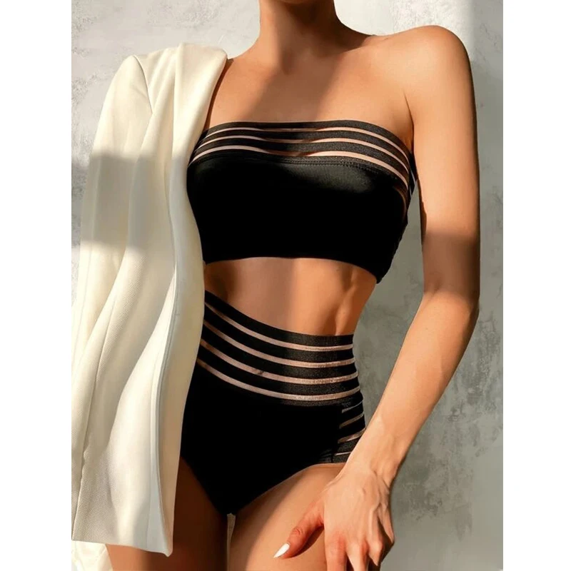

Mossha 2021 Black bandeau swimsuit women's swimming suit Sexy off-shoulder bikinis High waist bathing suit Retro swimsuit female