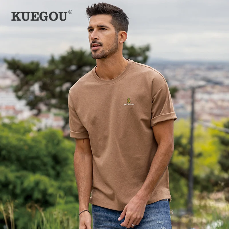 

KUEGOU хлопковая Футболка с вышивкой и графикой для мужчин, Винтажная футболка с короткими рукавами, топ для мужчин, 2022 летняя футболка большог...