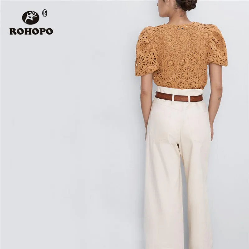 ROHOPO жаккардовый цветочный вязаный желтый топ тройники круглый воротник с