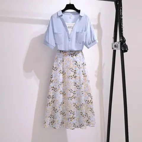 Женский комплект одежды из 2 предметов, лето 2024, элегантная шифоновая юбка в Корейском стиле для девушек, рубашка, женский пляжный дорожный синий топ