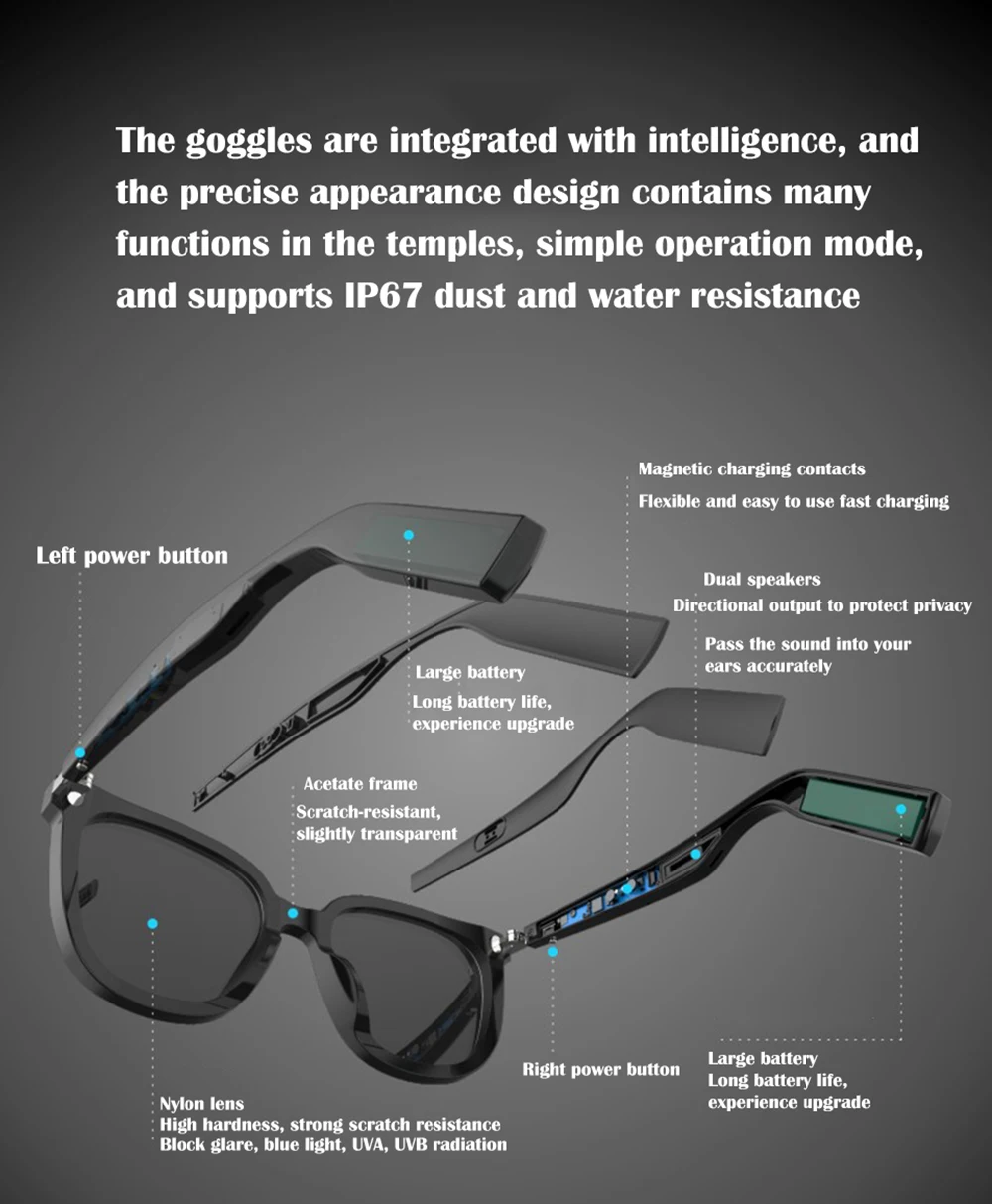 저렴한 블루투스 안경 스마트 음악 선글라스 응답 음악 듣기 블루투스 5.0 음성 제어 IP67 방수 방진