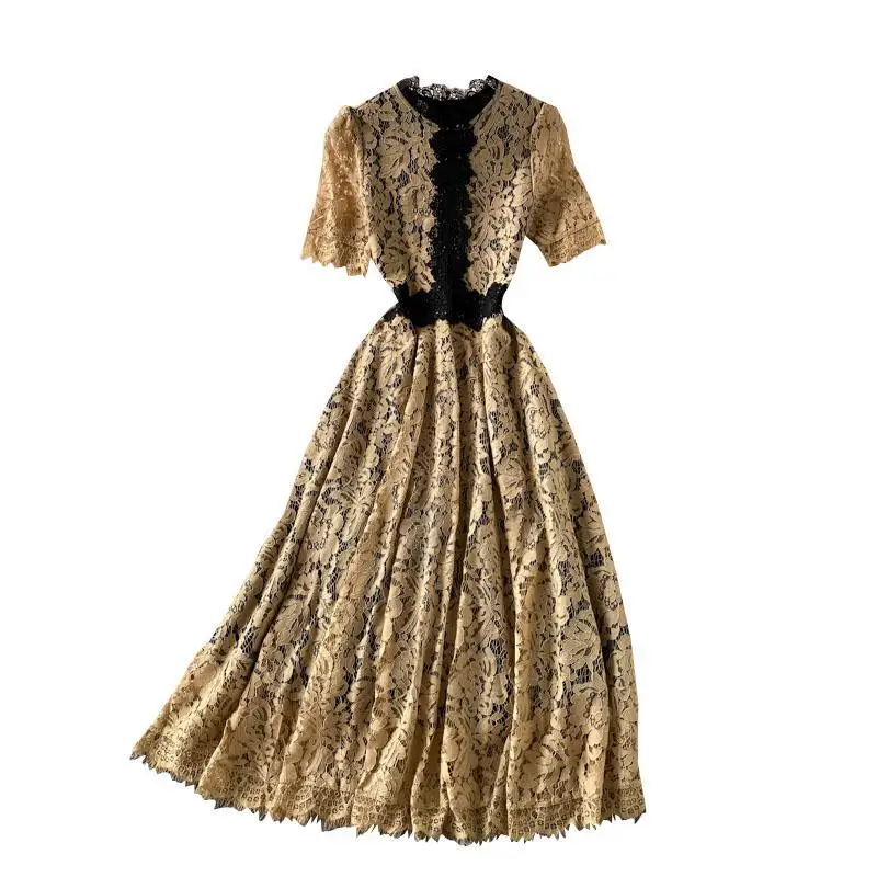 

Lace Hollow Out Midi Dress Women's Summer Jacquard Elegant Vintage Female Short Sleeve High Waist England Style Long Dresse 2021