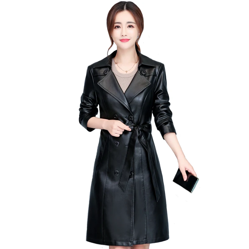 

Autumn Winter Long Faux Leather Jacket Women Elegant Slim Washed PU Leather Trench Coats With Belt Plus Cotton