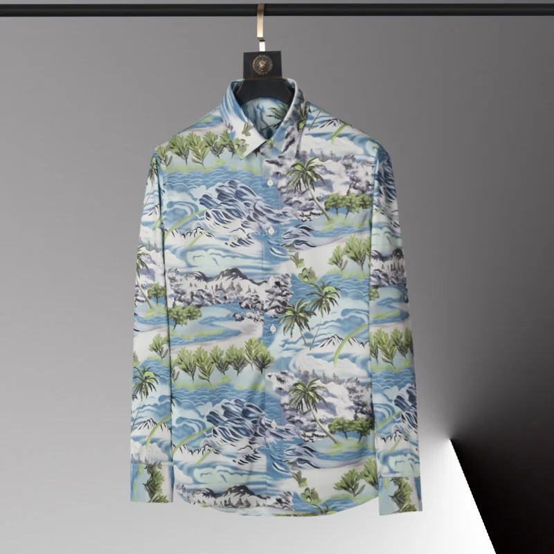 

Luxury Wave Print Long-sleeved Casual Men Formal Shirts Fashion Slim Party Men Shirt Chemise Hawaienne Homme Flower Shirt Men