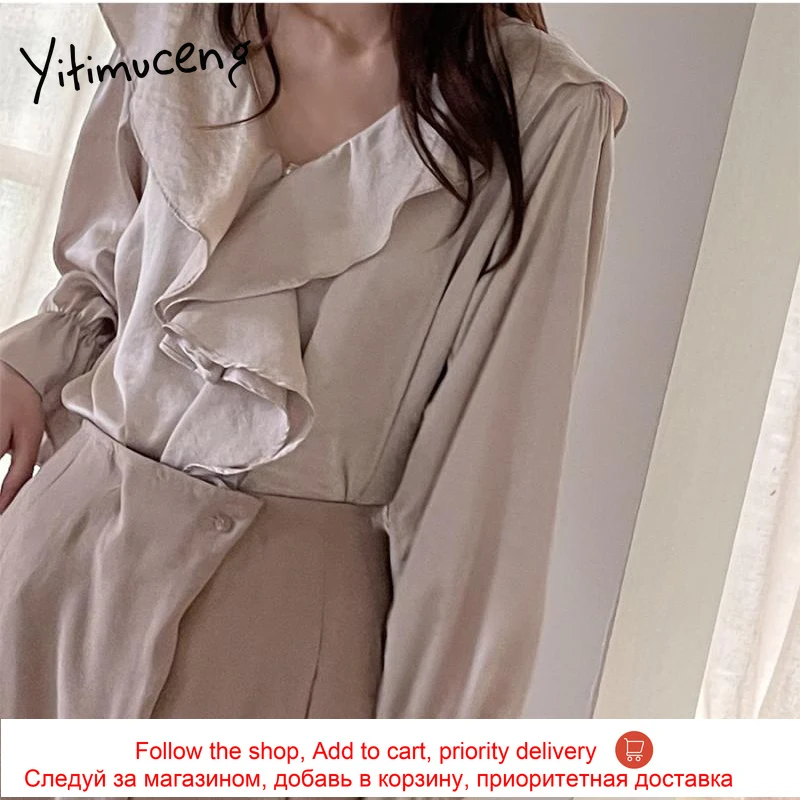 

Yitimuceng Ruffles Blouse Woman Oversize Fashion Long Flare Sleeve Office Lady Apricot Light Blue Shirt 2021 Spring Summer