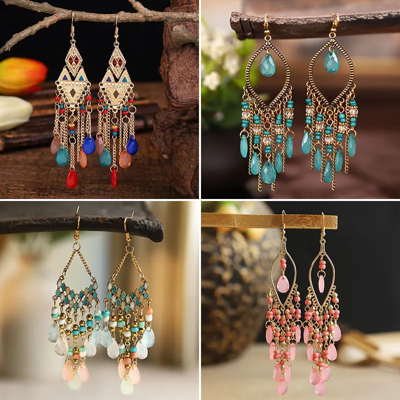 

Women's Bohemian Earrings Gold-plated Long Water Drop Tassel Earrings Retro Colorful Geometric Dangle Earrings Jewelry
