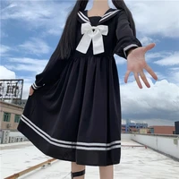 harajuku sailor collar navy dress japanese lolita sweet bow knot girl retro cotton kawaii preppy style long sleeve dress women