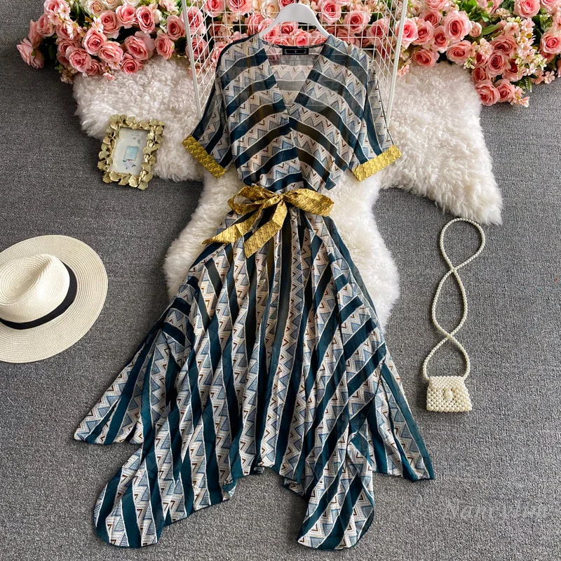 

Travel Beach Seaside Vacation Bohemian V-neck Chiffon Striped Dress Women 2021 Summer Clothes Nancylim