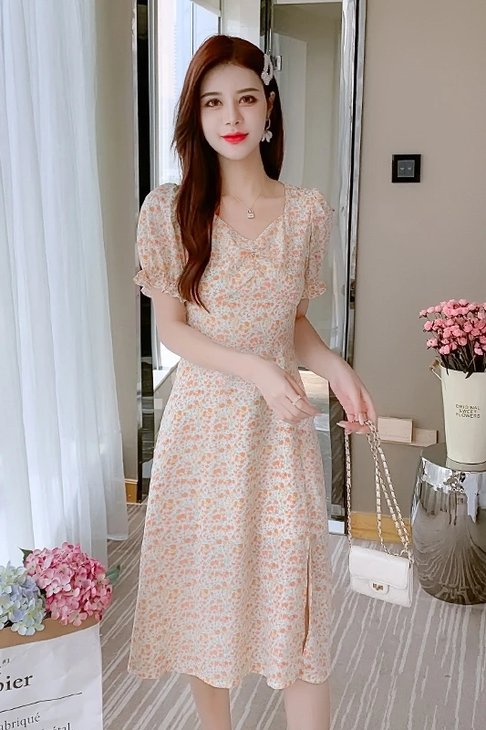 

COIGARSAM French Style Floral Print Women dress Summer Vintage Chiffon Square Collar Dresses 1347
