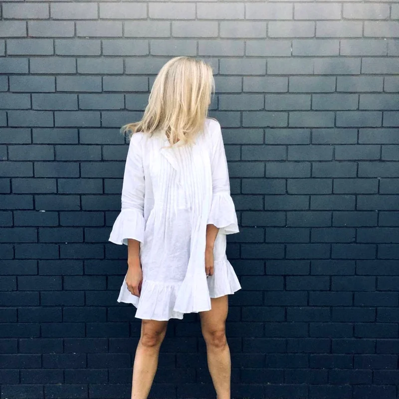 

2020 Summer Long Sleeve Beach Wear Cover Up Bikini Women V Neck Pareos Beach Cover-Ups Swimwear White Beach Dress Cotton Tunic