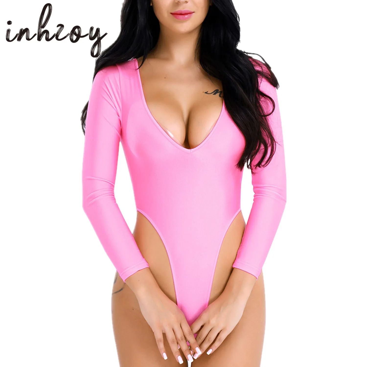 Женское сексуальное цельное боди с длинным рукавом и V образным вырезом стринги