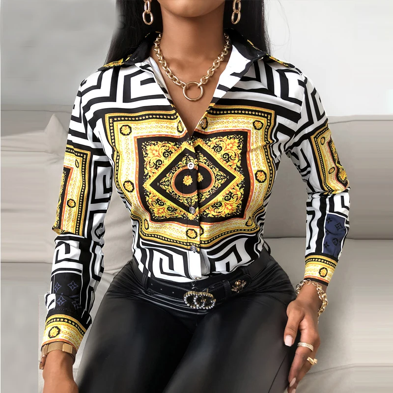 

Geometric Print Colorblock Buttoned Shirt Women Long Sleeve Shirt Cotton Blouse