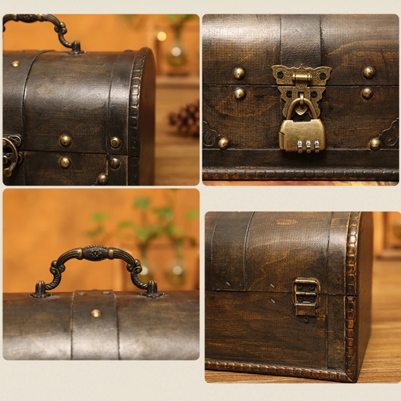 Wooden Pirate Jewelry Storage Box Vintage Treasure Chest for Wooden Organizer images - 6