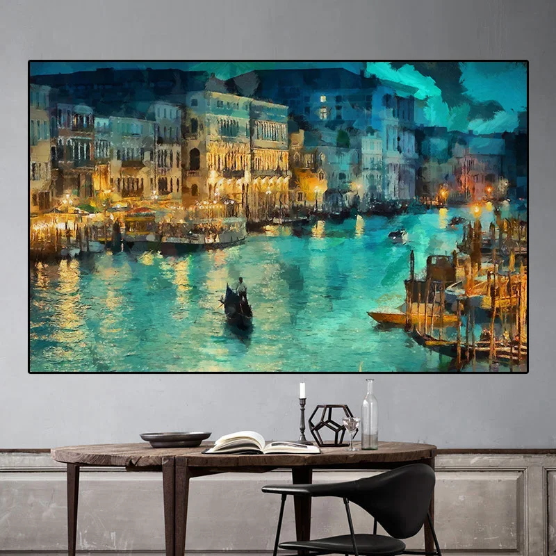 

Abstract art water city Venice oil painting Canvas Pictures for Living Room River baot Painting Wall Art Quadros Decoracion