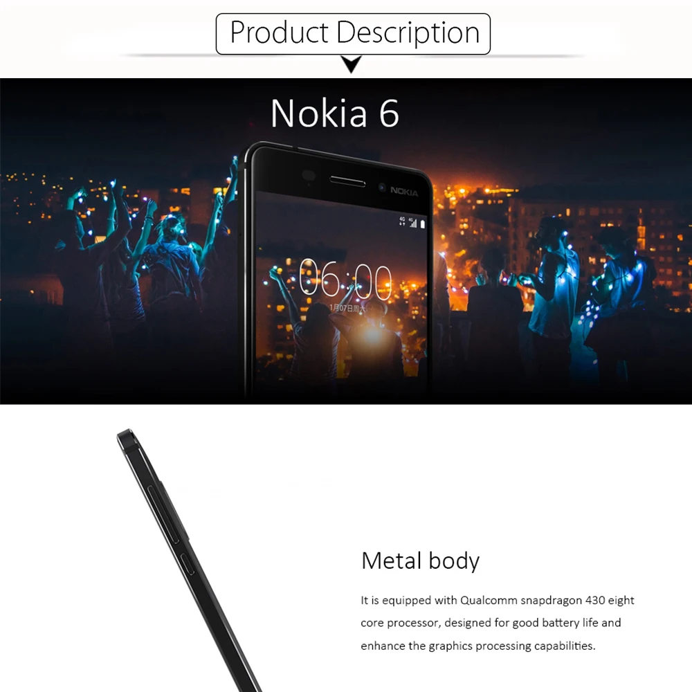 Мобильный телефон Nokia 6 Dual SIM Android Snapdragon 430 4 Гб ОЗУ 64 Гб ПЗУ Восьмиядерный отпечаток пальца 5," 1080 P 4G LTE разблокированный мобильный телефон
