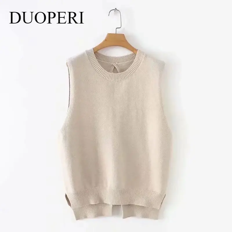 

DUOPERI Women Fashion Solid Knitted Back Hollow Out Tank Top Vintage Sleeveless O-Neck Oversized Sweater Vest Woman Chic Tops