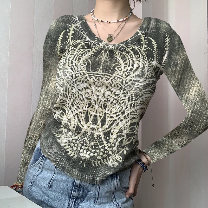 

Ladies Casual Mixed Color T-shirt Retro Style Women Autumn Plant Printing V-neck Long Sleeve Tops Slim Base Shirt Streetwear