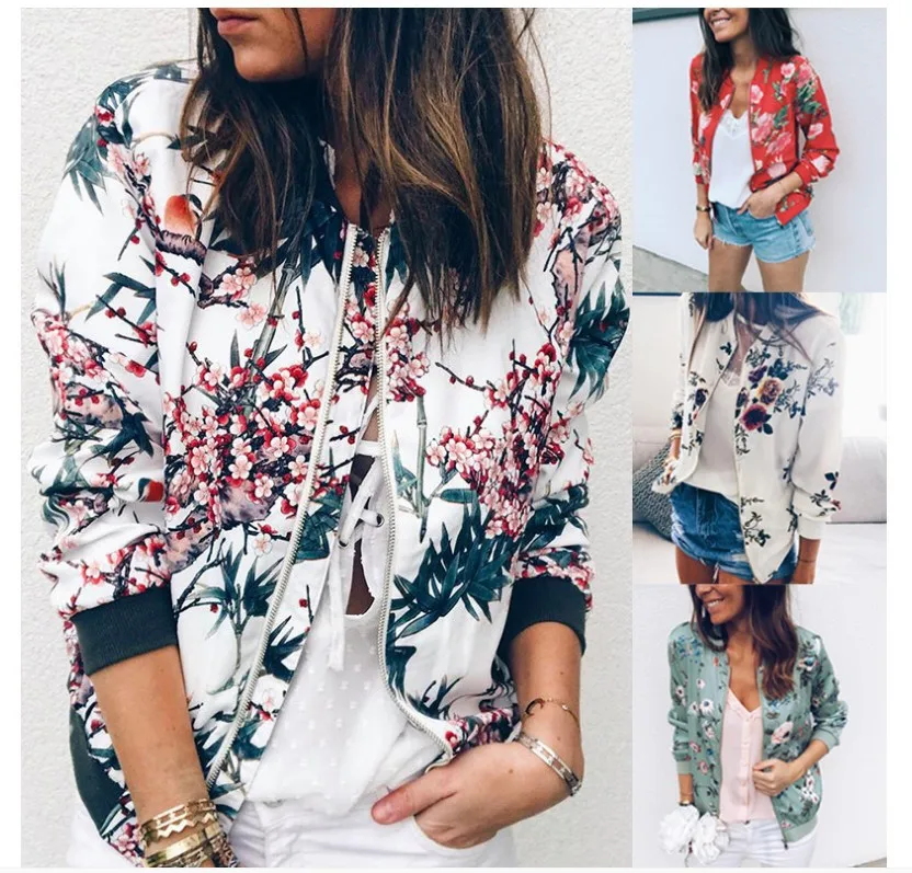 

Casual retro floral printed jacket coat women V-Neck zipper bomber jacket Fashion street style long sleeve autumn jacket