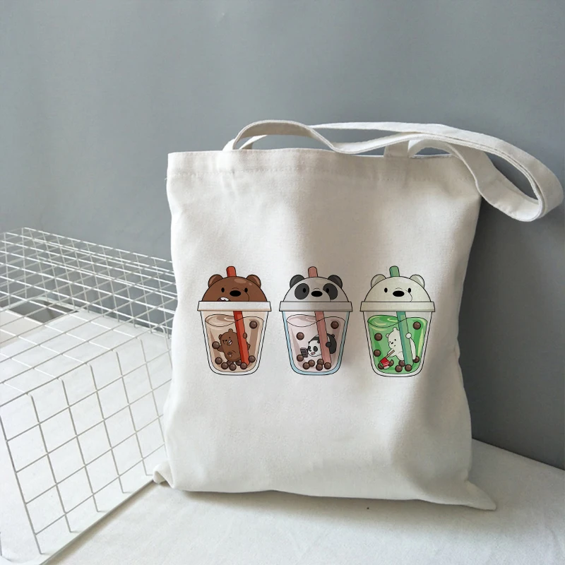 

Bubble Tea Bear Kawaii Bag Women Canvas Large Capacity Tote Bag Shopping Cute Bag Shopper Reusable Grocery Handbag Shoulder Bags