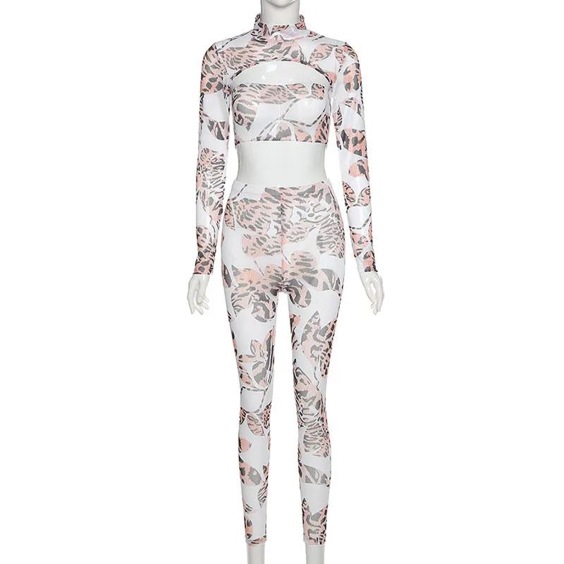 BOOFEENAA сетчатый Женский комплект 2 шт. с принтом гепарда укороченный топ длинными