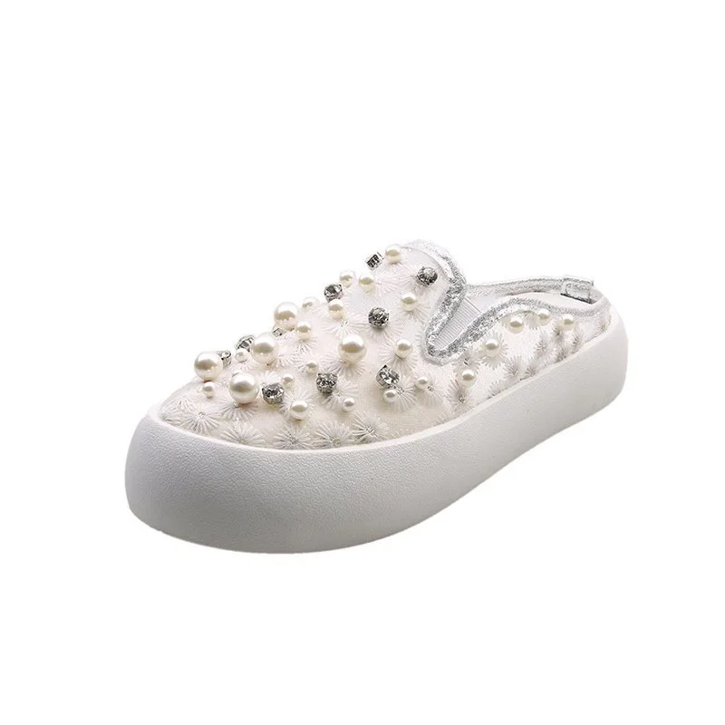 

Baotou Half-Tow Female 2021 Summer Latest Flat Bottom Trend Fairy Feng Rhinestone Pearl Single Shoes Lazy Outer Wear Half-Tow
