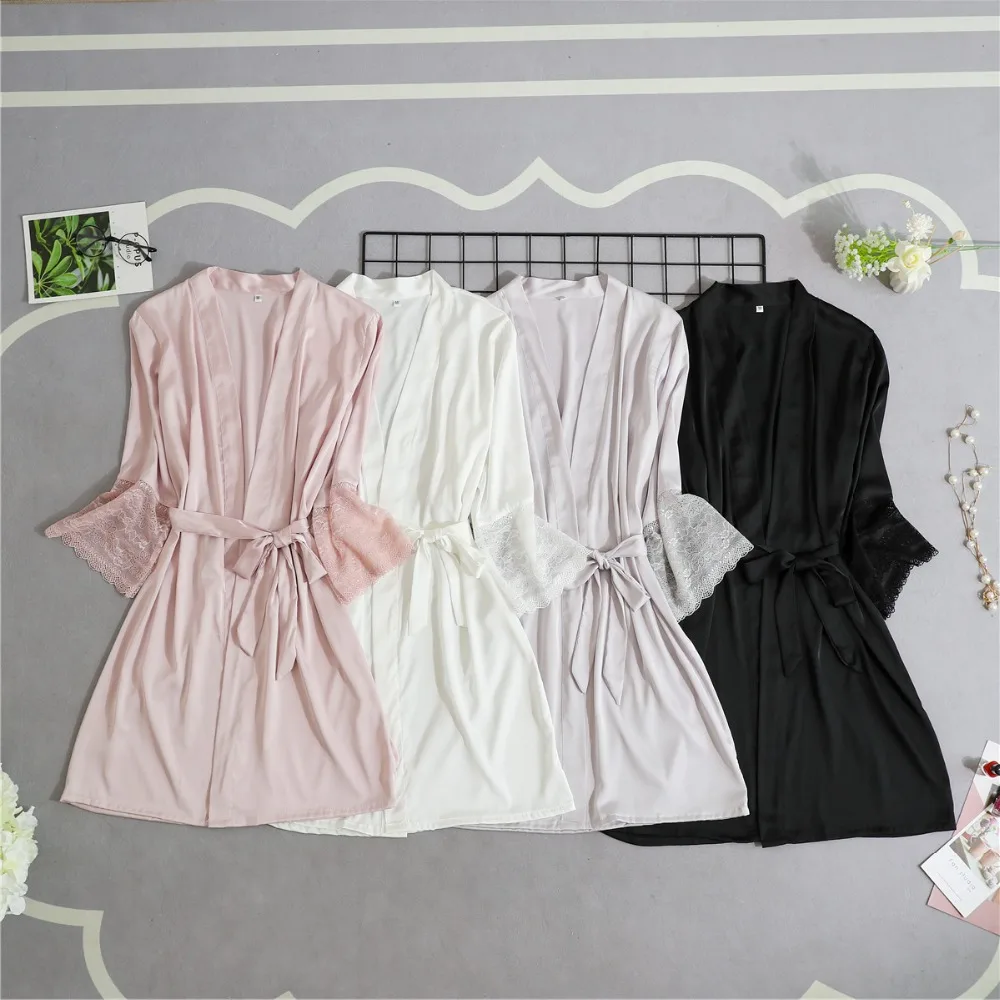 

Women Silk Satin Short Night Robe Solid Kimono Robe Sexy Lace Trim Bathrobe Peignoir Bride Bridesmaid Robe Fashion Dressing Gown