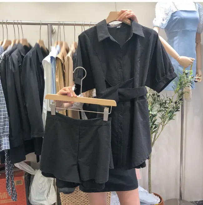 

2021 VINTAGE Summer Fashion New Ladies Casual Suit Temperament Simple Short Sleeve White Shirt Shirt Shorts Women
