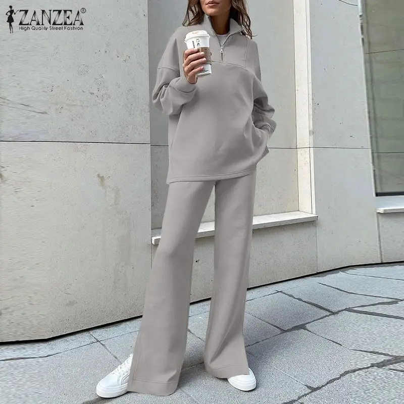 

Winter Solid Matching Sets ZANZEA Elegant Turtleneck Sweatshirt Side Split Trouser Autumn Women Casual Loose Maxi Work Pant Sets