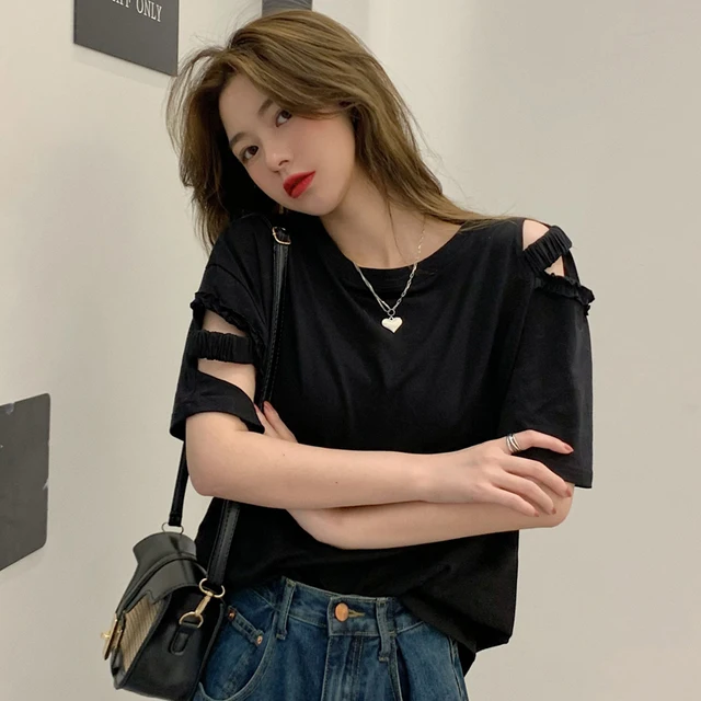Женская футболка с вырезами, черная футболка с коротким рукавом и открытыми плечами в стиле хип-хоп, корейская модная одежда большого размера с дырками, лето 2022