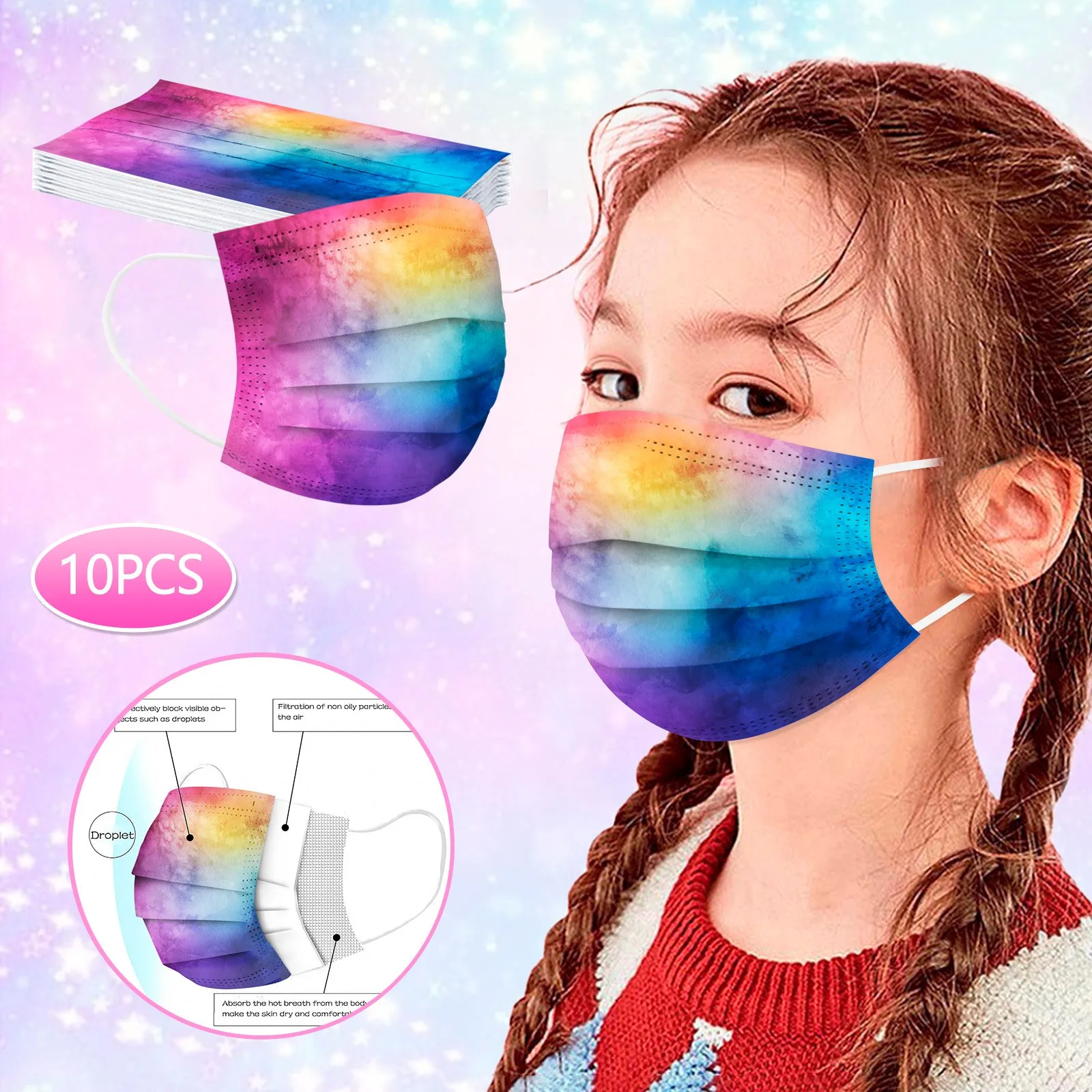 

10pc Child Disposable Mask Colored Print Protection Face Mask For Kids Children 3ply Filter Breathable Masks Earloop Bandage