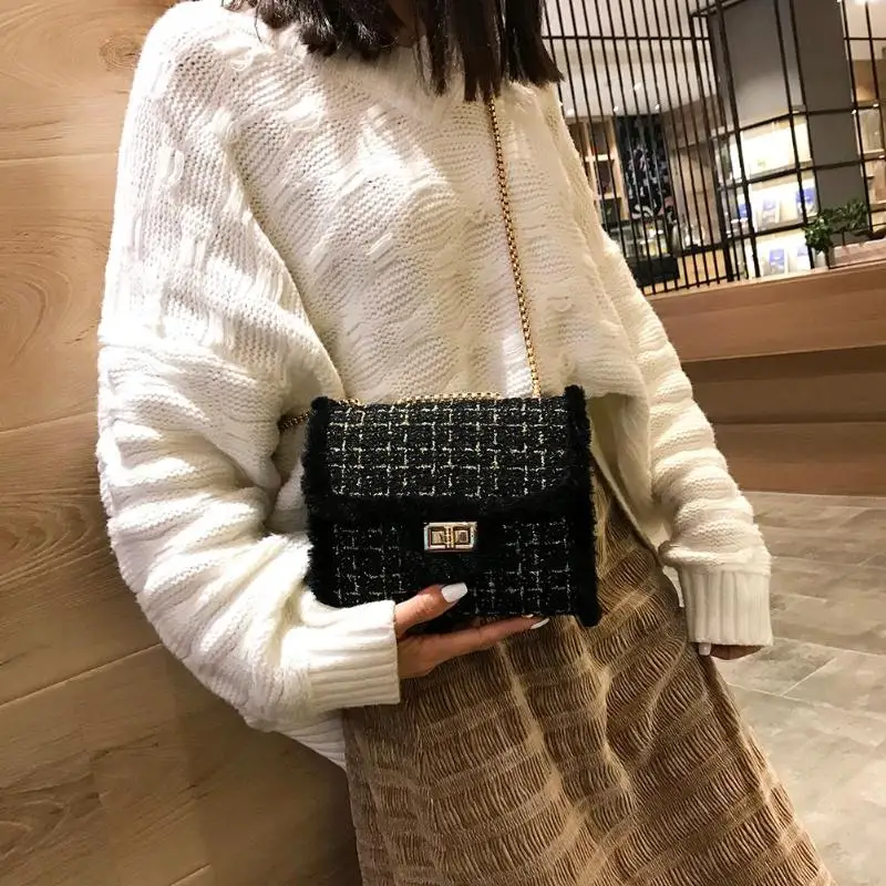 Модная плюшевая шерстяная сумка мессенджер женская на плечо с цепочкой Осенняя