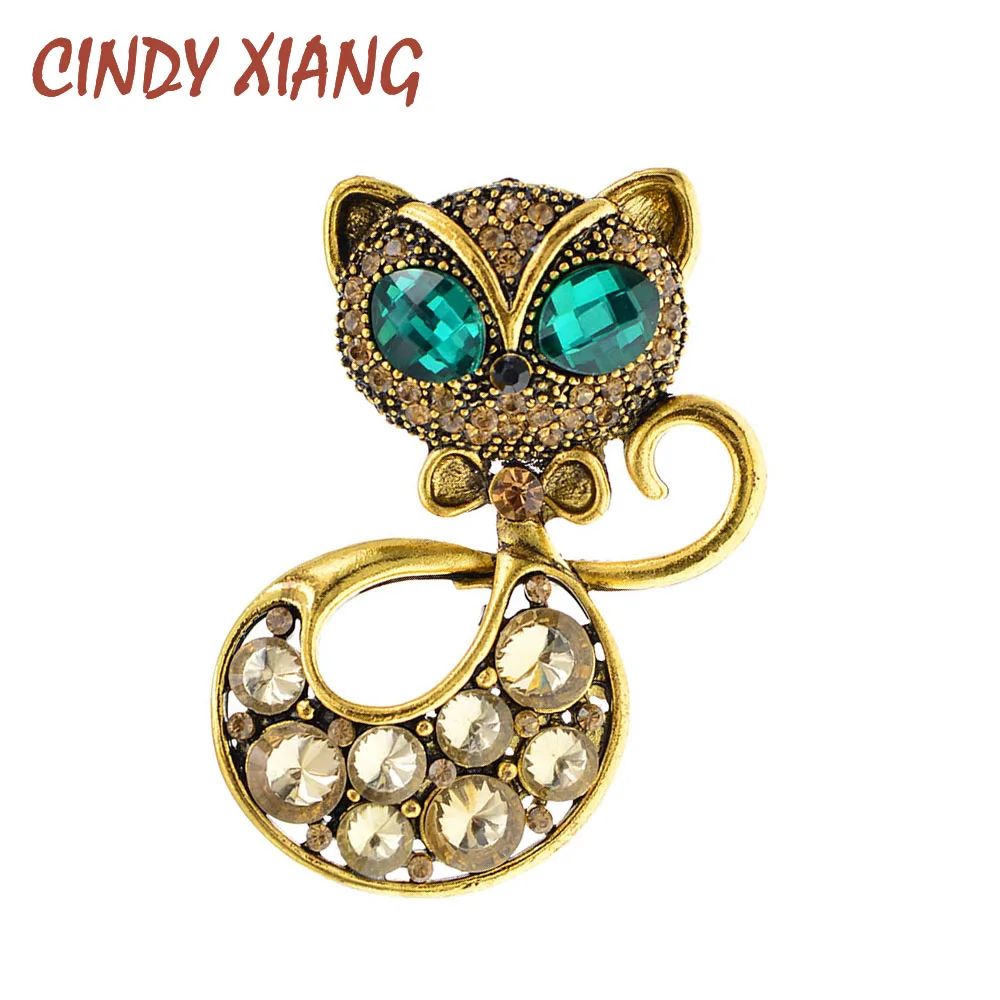 Женская Винтажная брошь в виде кошки CINDY XIANG стразы с зеленым глазом и булавкой