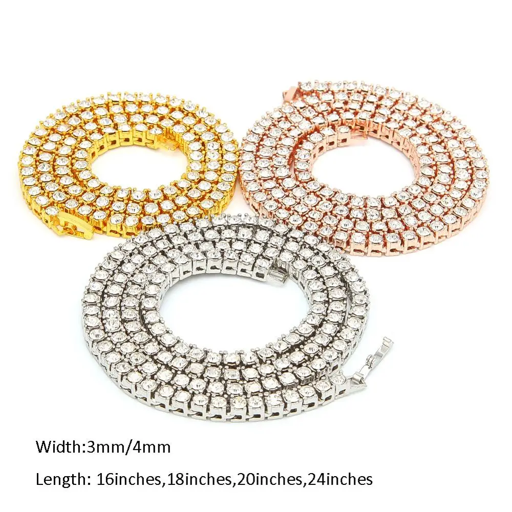 

Ins Hot Hip Hop Iced Out B-Ling Crystal Alloy Necklace 3mm 4mm1 Row Shiny Tennis Chain Gold Silver Color Jewelry