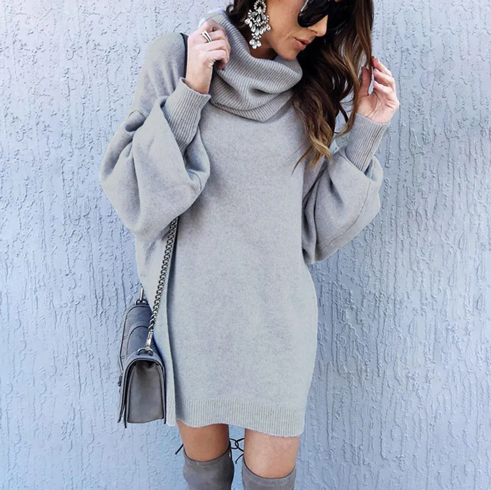 Женский длинный вязаный свитер-водолазка свободный однотонный пуловер