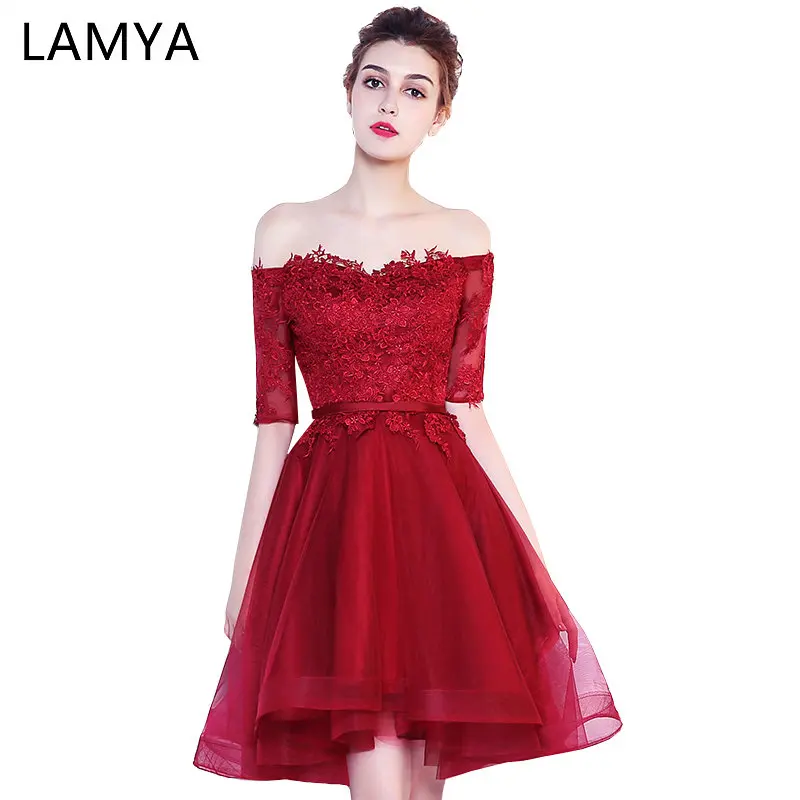 

LAMYA Sleeve Bridesmaid Dresses a Line Wedding Party Dress Gowns Boat Neck Special Occasion Customizable Short Half Lace Tulle