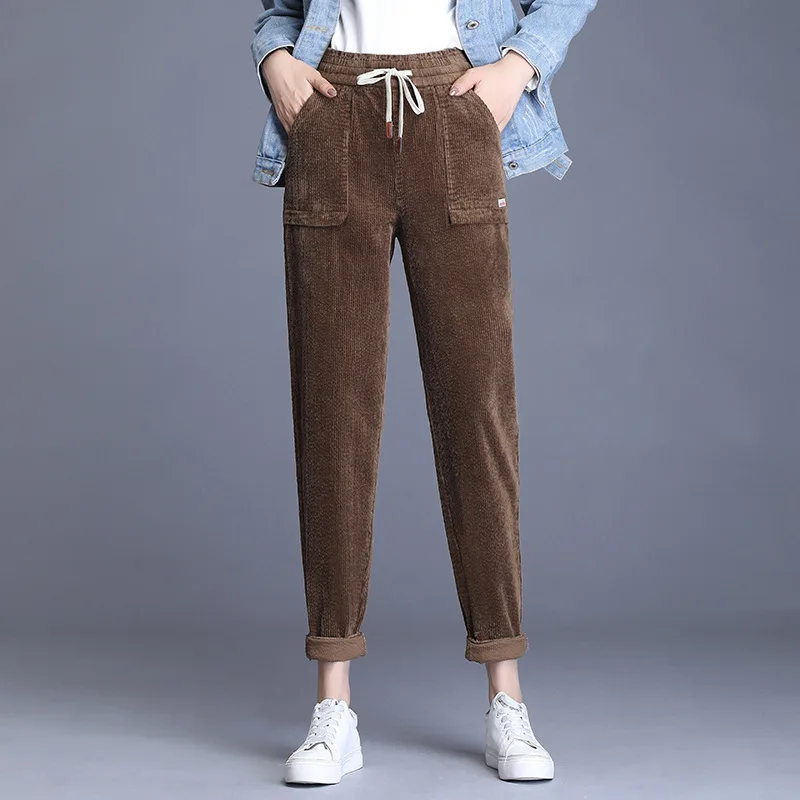 Женские вельветовые шаровары Однотонные эластичные повседневные штаны с
