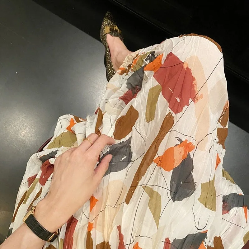 

Skirts Women Loose Elegant Korean Style A-line Popular Chiffon Geometric Vintage Trendy Daily All-match Summer Temperament Folds