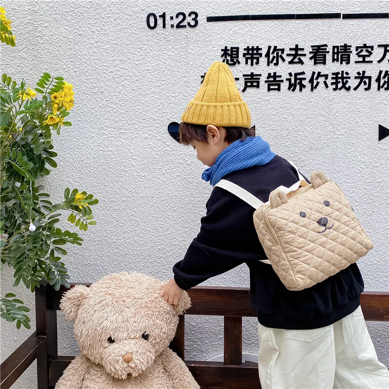 Хлопковый детский маленький рюкзак с милым медведем повседневный стеганый