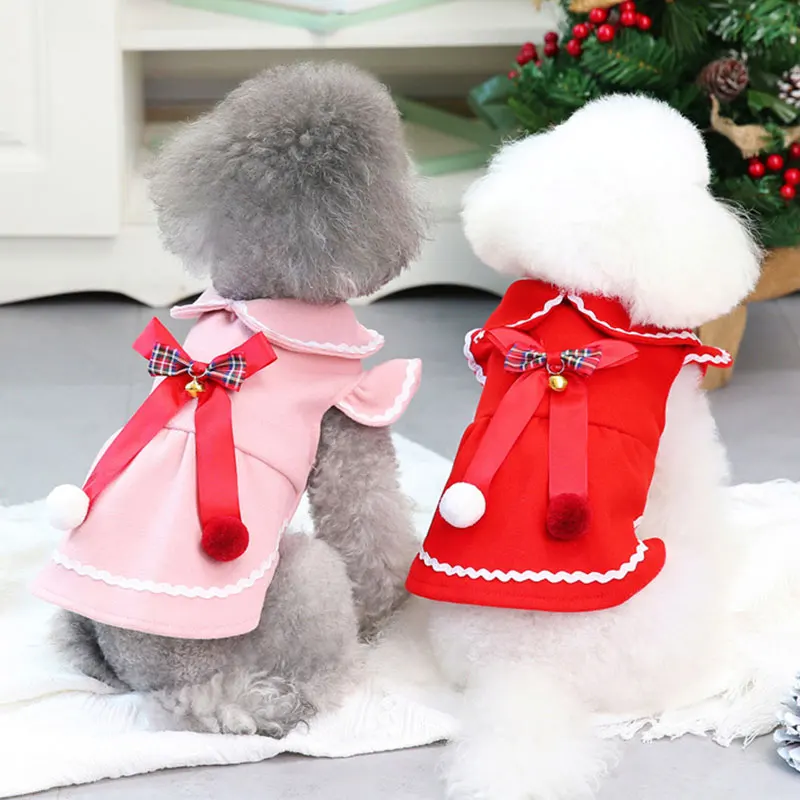 

Princess Dog Cat Dress Coat Warm Cotton Bow Dress Solid Color Princess Style Dress Christmas Dog Clothes Costume Pet Supplies