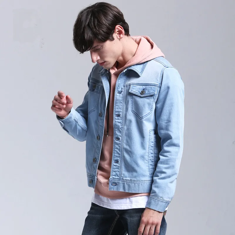 

blue 2021 light turn down collar denim jacket men single breasted pockets jean jacket for men Stretch denim casual jacket male