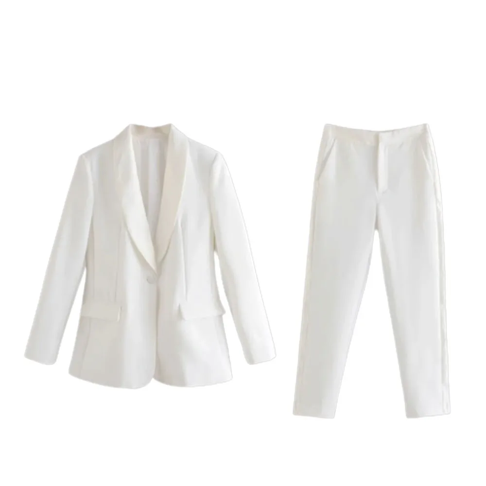 

Женский костюм из двух предметов DYLQFS, белый винтажный офисный пиджак на одной пуговице, повседневный облегающий брючный костюм с высокой та...